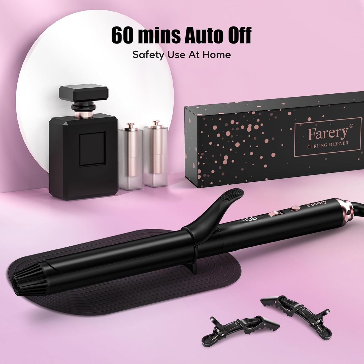 FARERY Long Barrel Curling Iron 1 1/4 inch, 1.25 Inch Curling Iron for Long Hair, Infused Argan Oil & Keratin, Lasting Styling, 11 Adjustable Temp, Include Clips & Silicone Pad