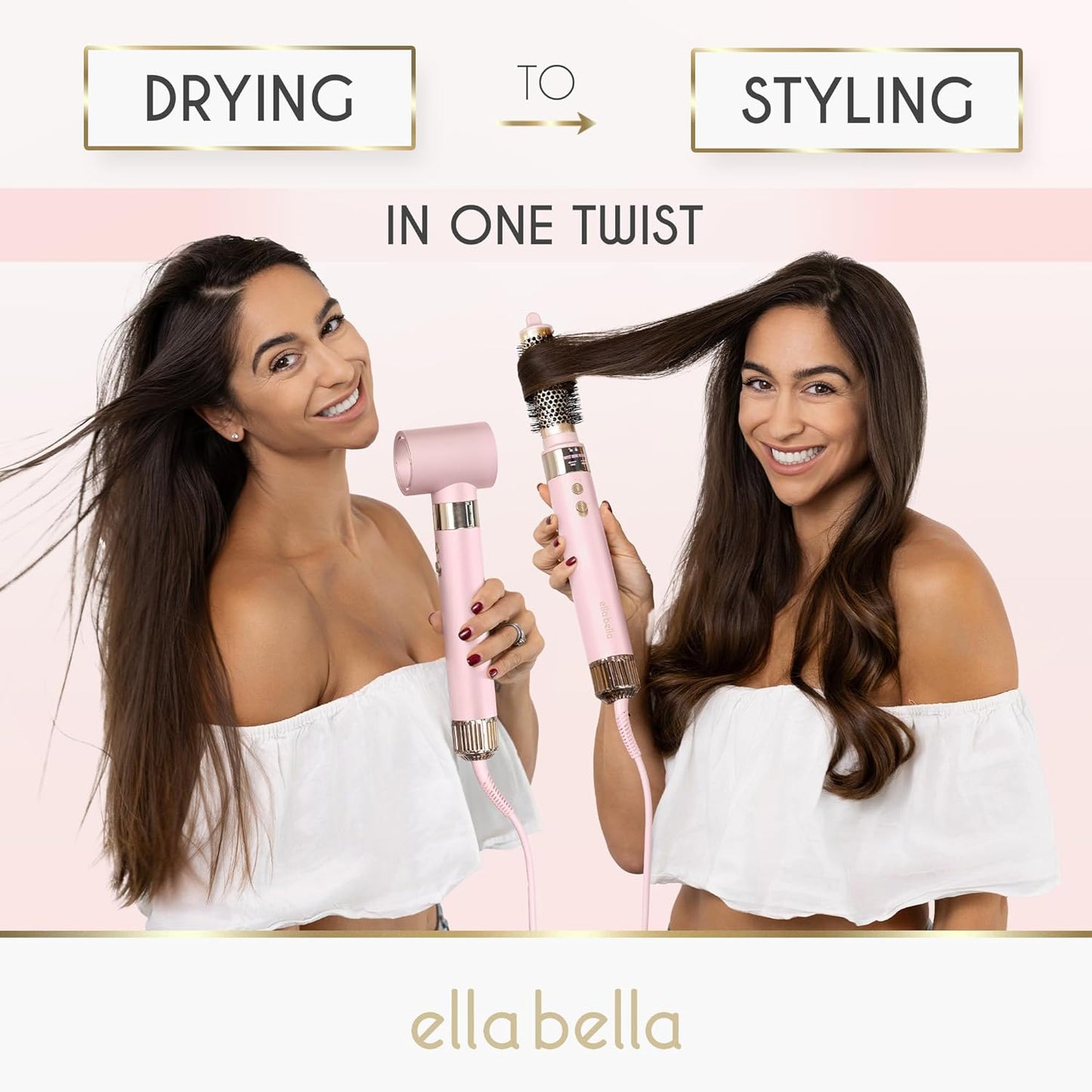 ELLA BELLA® 6-in-1 Hot Air Styler Pink & Heat Protectant Spray • Powerful Hair Dryer Set for Fast Curling, Volumizing, Straightening • Includes Travel Case • UV Shield & Nourishing Hair Care