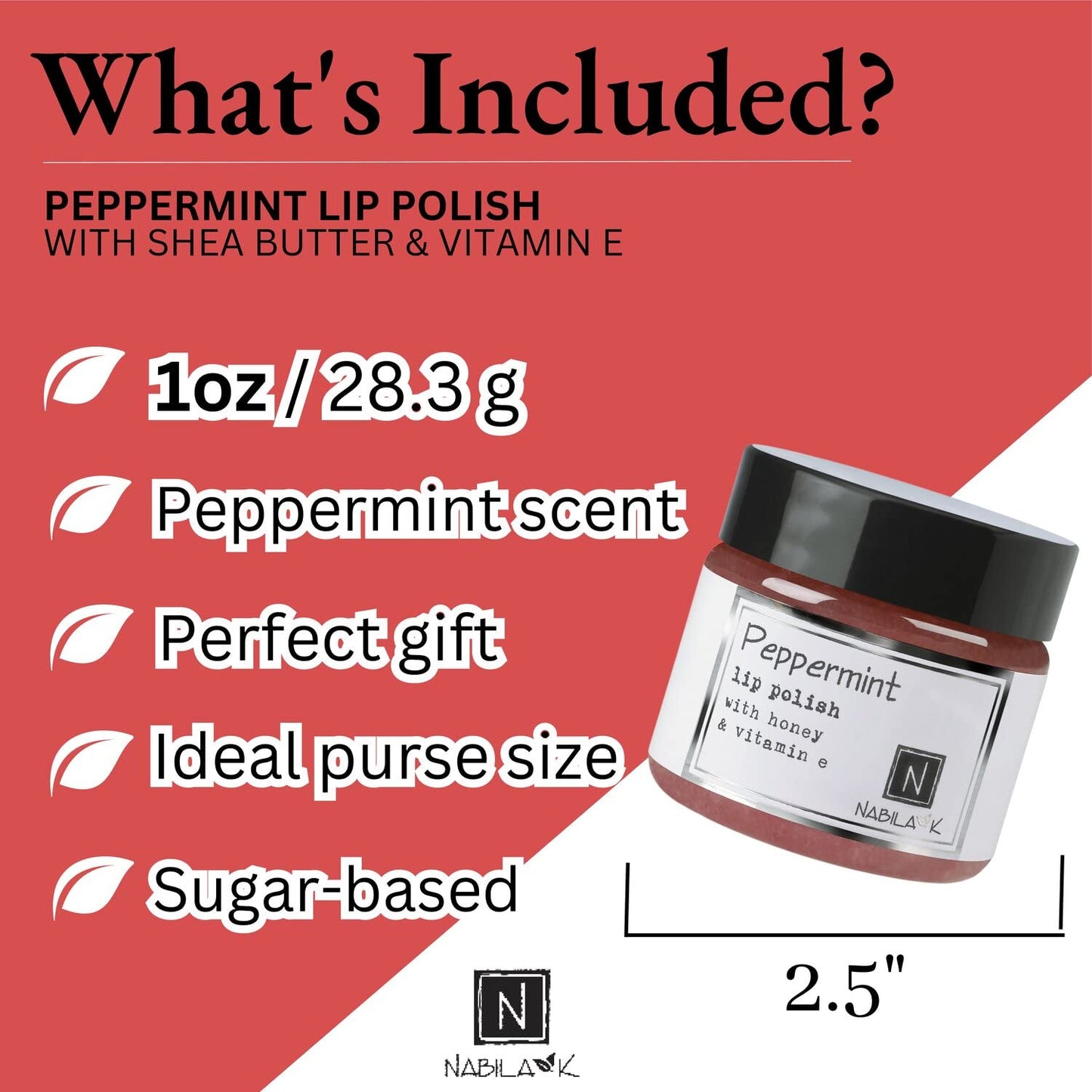 Peppermint Lip Polish, 1 oz by Nabila K - Hydrating Lip Exfoliator & Moisturizer with Honey and Vitamin E for Dry and Chapped Lips - Cruelty-Free, Real Sugar, Made in USA