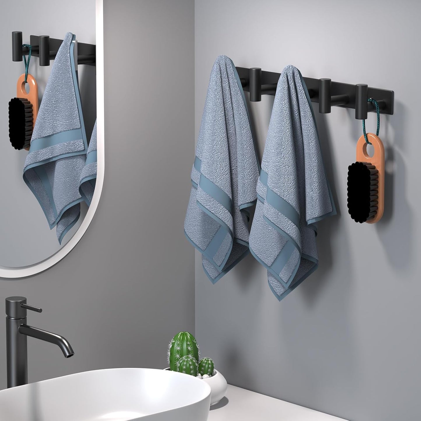 HUFEEOH 2 Pack Coat Hooks Wall Mount, Black T Shaped 5 Hooks Stainless Steel Wall Hooks Towel Rack for Hanging, Heavy Duty Key Holder Hat Rack Used for Bathroom Mudroom Entryway