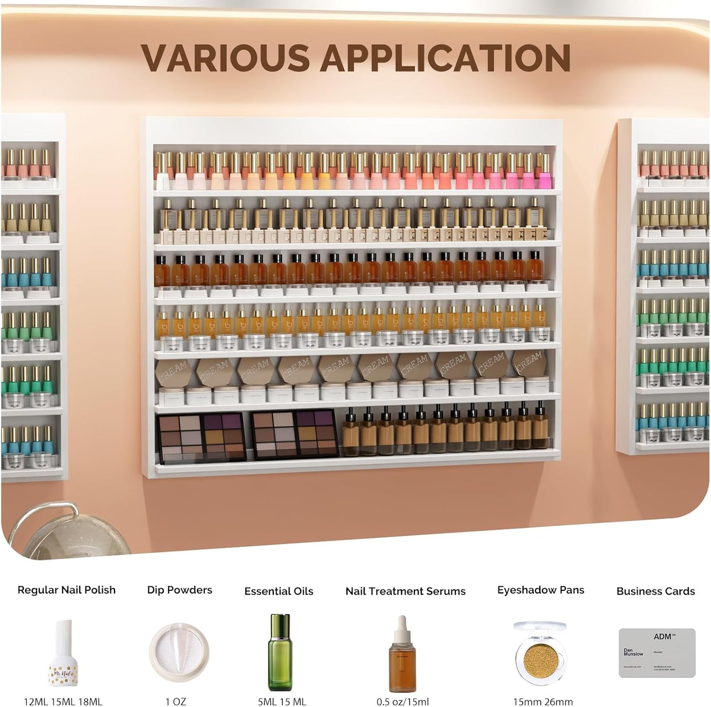 OmySalon Powder & Polish Rack - 6-Tier Double Nail Polish Organizer Wall-Mounted Salon Display Rack with Acrylic Barrier for Nail Salon Spa Home Beauty Studios (White)