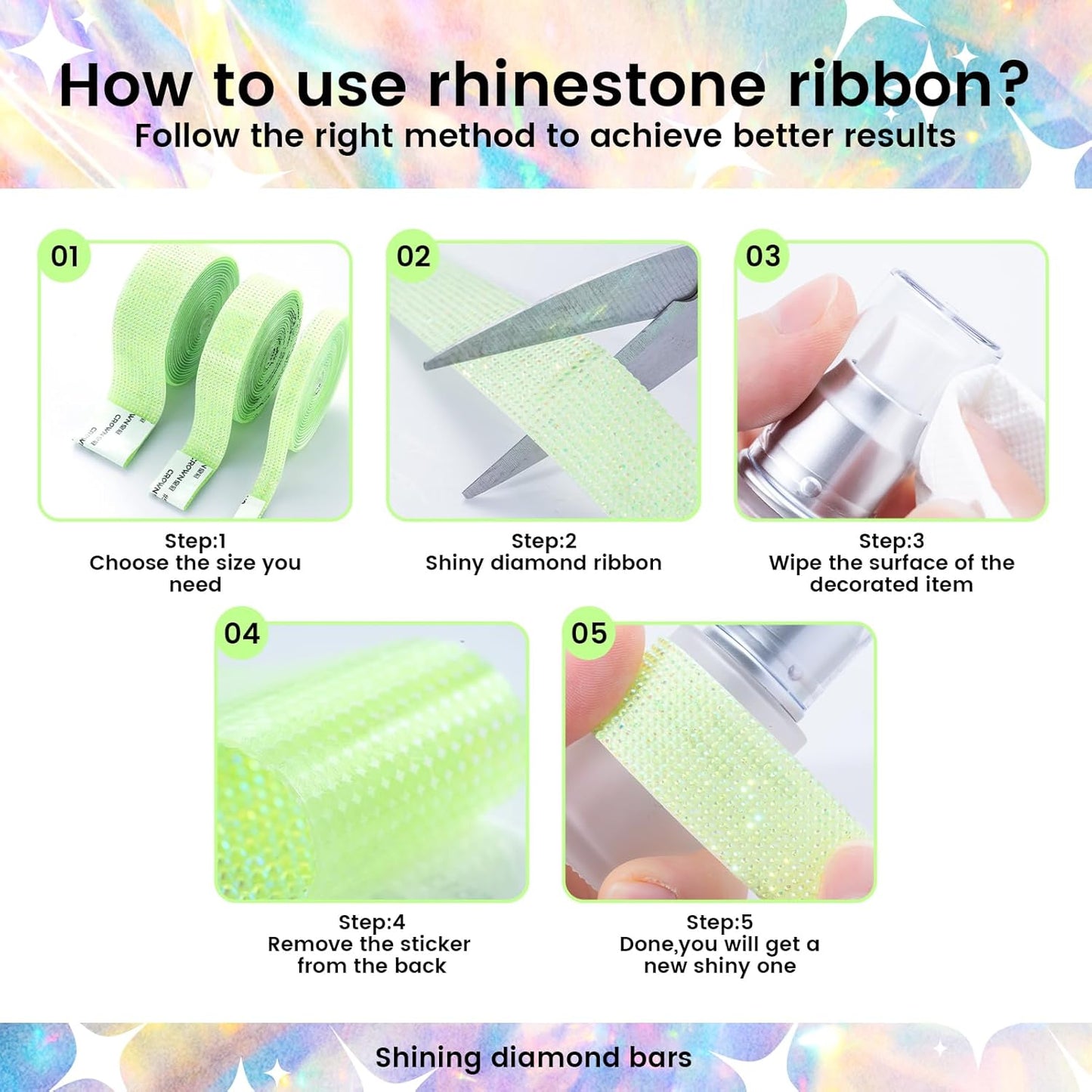 Novani Self Adhesive Rhinestone Ribbon, 1.18 Inch Wide 3 Yards 1 Roll, Light Green AB Diamond Bling Strips for DIY Crafts, Glitter Resin Rhinestones Tape for Crafting, Car Decoration