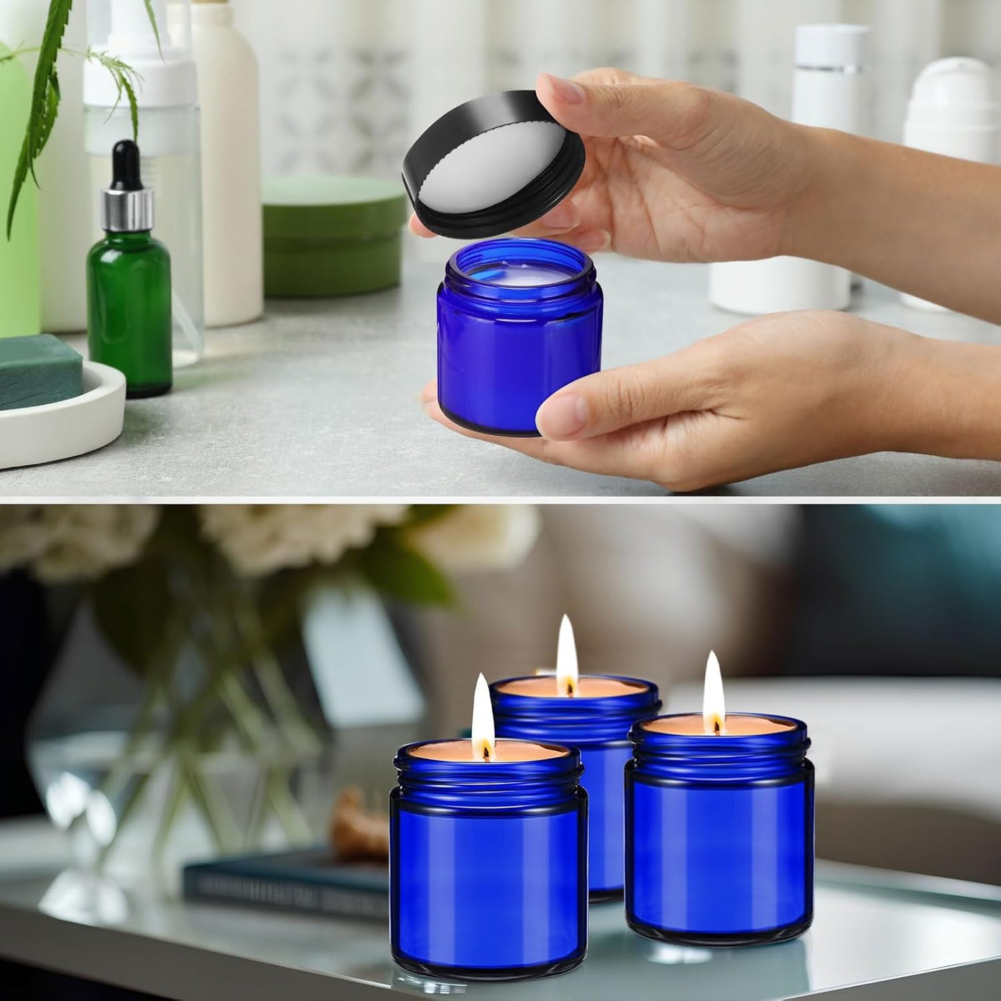 Norme 36 Pcs 4 oz Glass Jars with Lids Leakproof Round Airtight Empty Cosmetic Jars with Inner Liners Lid for Storing Lotions Powder Ointments Candle Making Tins (Blue,Black)