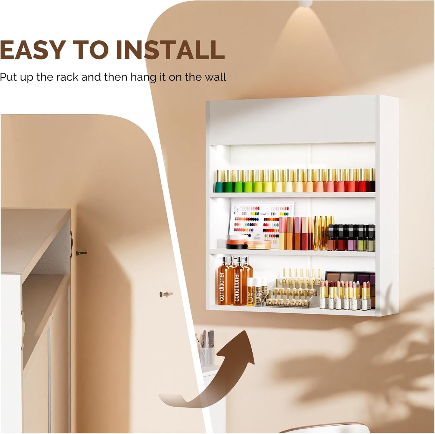 OmySalon Wall Mounted Display Rack, 32-Inch 3-Tier LED Nail Polish Organizer Shelf with USB Touch Control, for Nail Salon, Spa, Beauty Studio Storage, Wooden Retail Display (White)