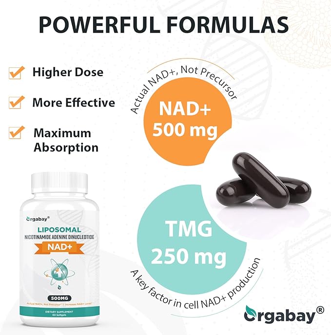 Liposomal NAD+ Supplement 500 mg, High Absorption, Boost NAD+ with TMG 250 mg, Actual NAD Plus More Efficient Than Nicotinamide Riboside, Support Cellular Energy, Healthy Aging | 180 Softgels