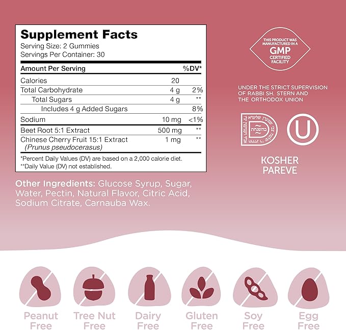 Zahler Beet Root Gummies with Cherry Fruit Extract - 500mg Beet Gummies for Adults - Dark Cherry Flavor - Supports Blood & Nitric Oxide Flow - Vegetarian Kosher Non GMO Beetroot Gummies - 60 Count