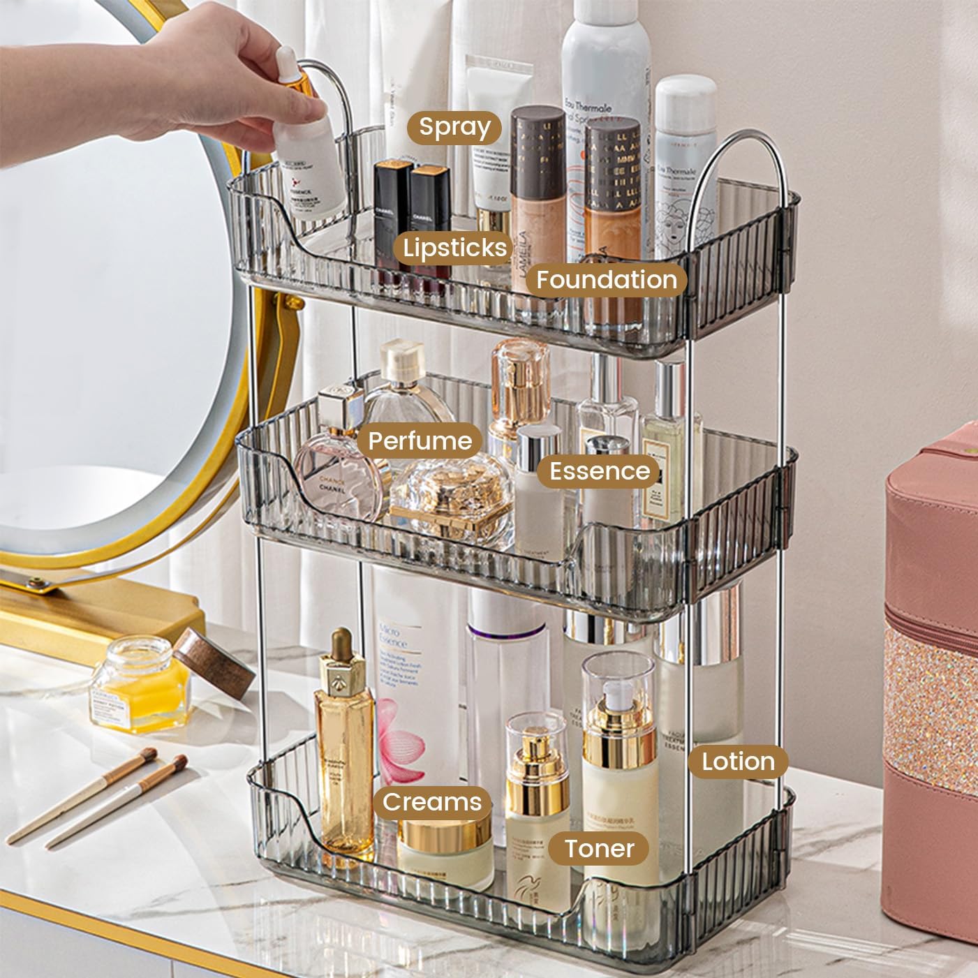 Aveniee Bathroom Counter Organizer, 3 Tier Perfume Skin Care Countertop Storage Shelf, Vanity Makeup Tray for Cosmetic Skincare Lotion,Grey