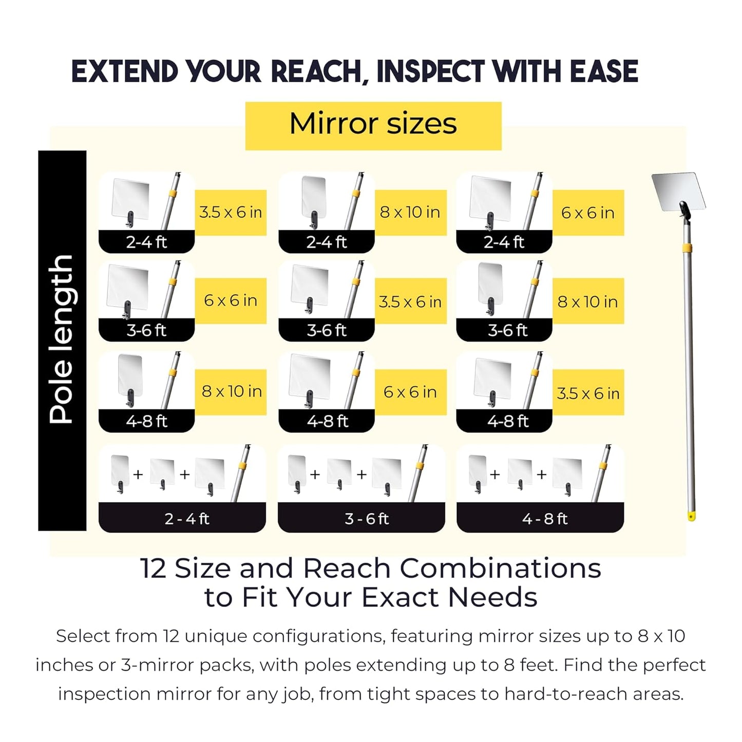 Inspection Mirror Telescoping Pole, Lightweight & Durable, 3 ft - 6 ft Pole, 3 Size Acrylic Mirror