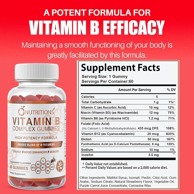 O NUTRITIONS Vitamin B Complex Vegan Gummies with Vitamin B12, B7 as Biotin, B6, B3 as Niacin, B5, B6, B8, B9 as Folate for Stress, Energy and Healthy Immune System (1 Pack -Sugar Free)