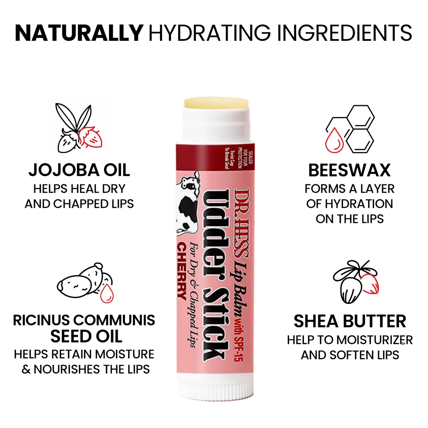 Dr. Hess Original Udder Stick SPF Lip Balm, Soothing Moisturizer Sun Screen Balm for Dry Lips with Jojoba, Beeswax & Shea Butter, Total Lip Care, Hydration & Repair, Cherry Flavor, 4 Pack