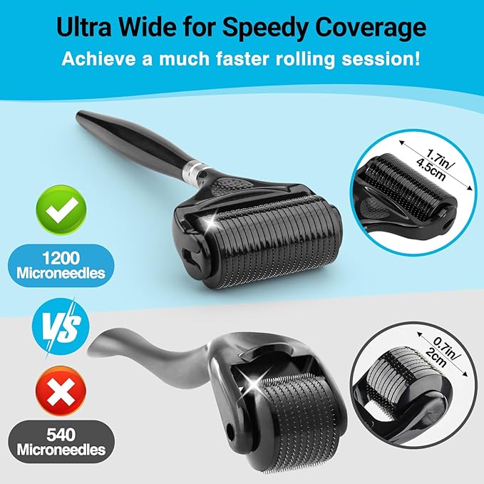 Beard and Hair Ultra Wide Derma Roller (1Pack) by Tilcare - Sterile 1200 Grade A Titanium Microneedles Titanium Derma Roller 0.25mm
