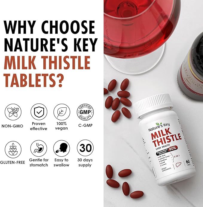 Nature's Key Milk Thistle 500mg Liver Supplement,30:1 Extra 80% Silymarin 5- in-1 in-1 Liver Turmeric-60 Tablets