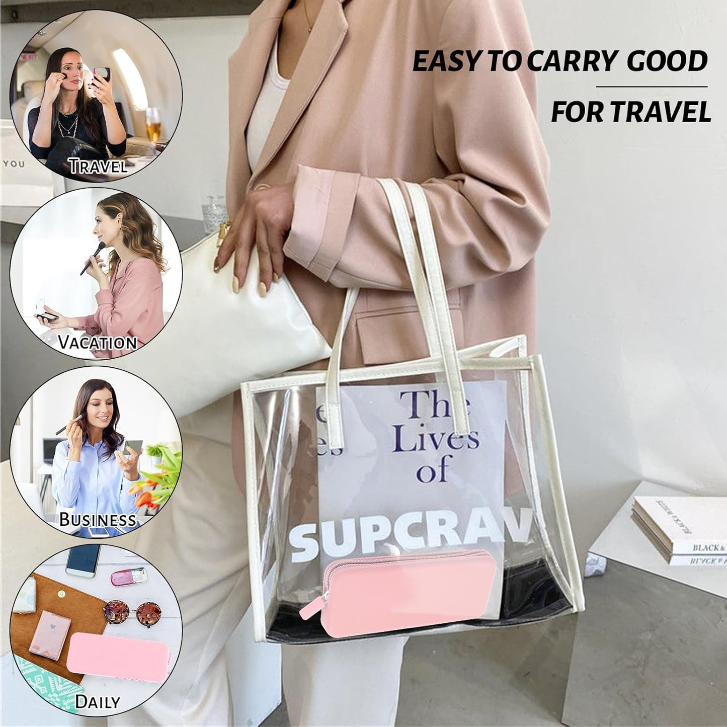 Sakolla Travel Makeup Brush Holder, Silicone Makeup Brush Bag with Zipper Closure, Makeup Brushes Organizer Case Washable Makeup Pouch Holder Case for Daily, Work, Essentials (Pink)