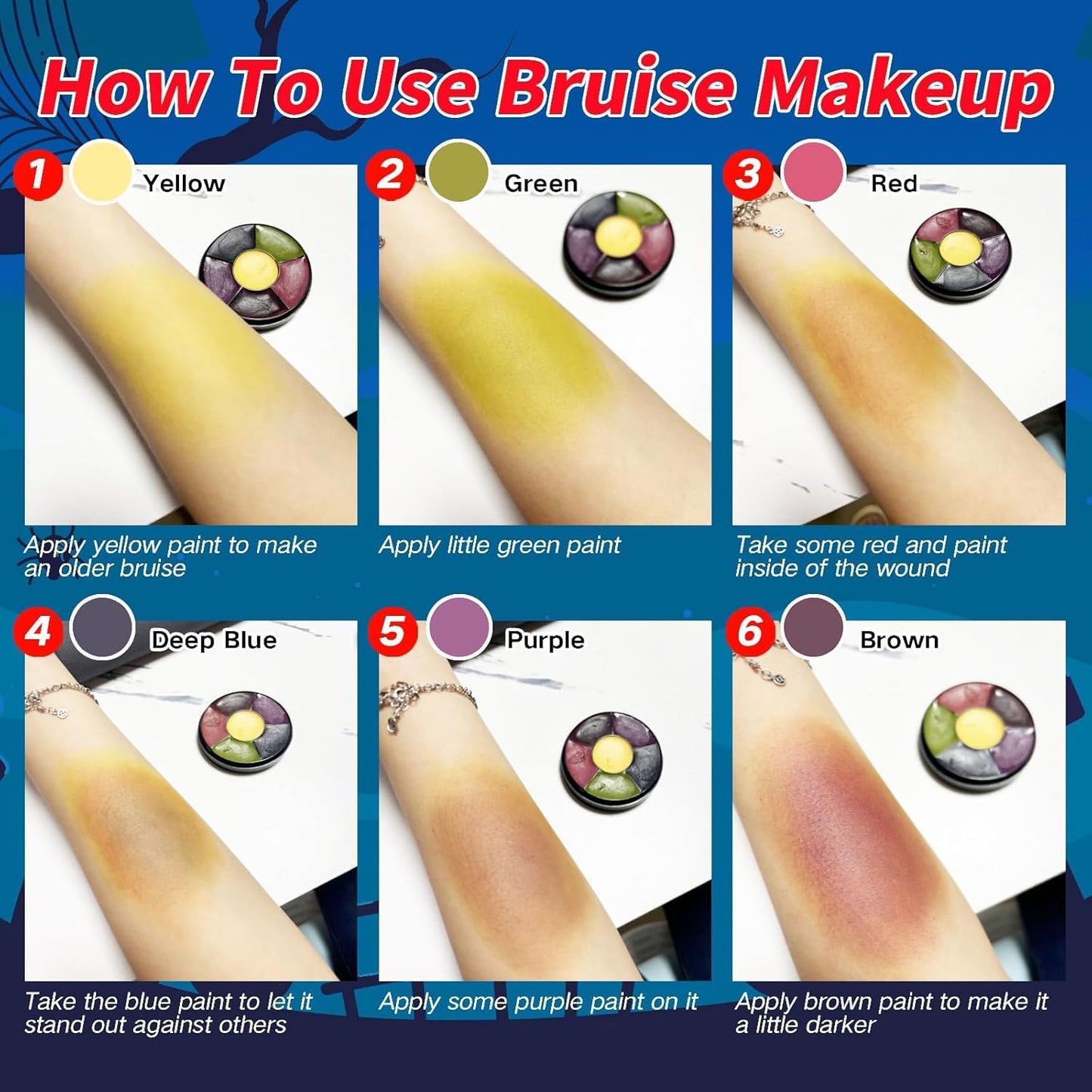 Halloween Special Effects Makeup Kit,6 Colors Bruise Wheel+30ml Dripping Washable Fake Blood+Liquid Latex+Scar Wax with Spatula+3 Pcs Sponge+Stipple Sponge,Face Fake Injury SFX Makeup Kit