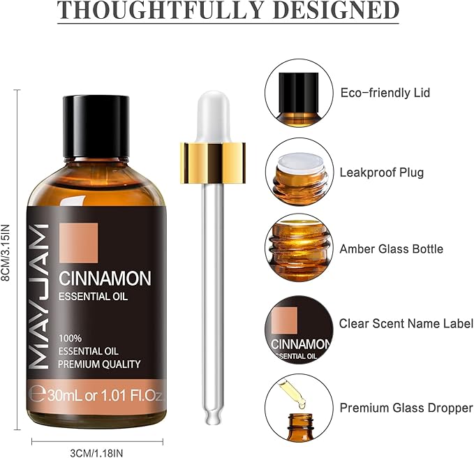Cinnamon Essential Oil 30ml/1.01fl.oz, MAYJAM Premium Cinnamon Oils with Glass Dropper, Perfect for Diffusers Home Office Use