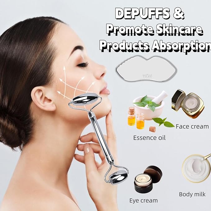 Face Roller & Gua Sha Tool, Stainless Steel Facial Roller and Guasha Tools Skin Care Roller for Wrinkles and Lifting, Improve Puffiness, Metal Face Massager for Eyes, Neck Tighten(2 Pack