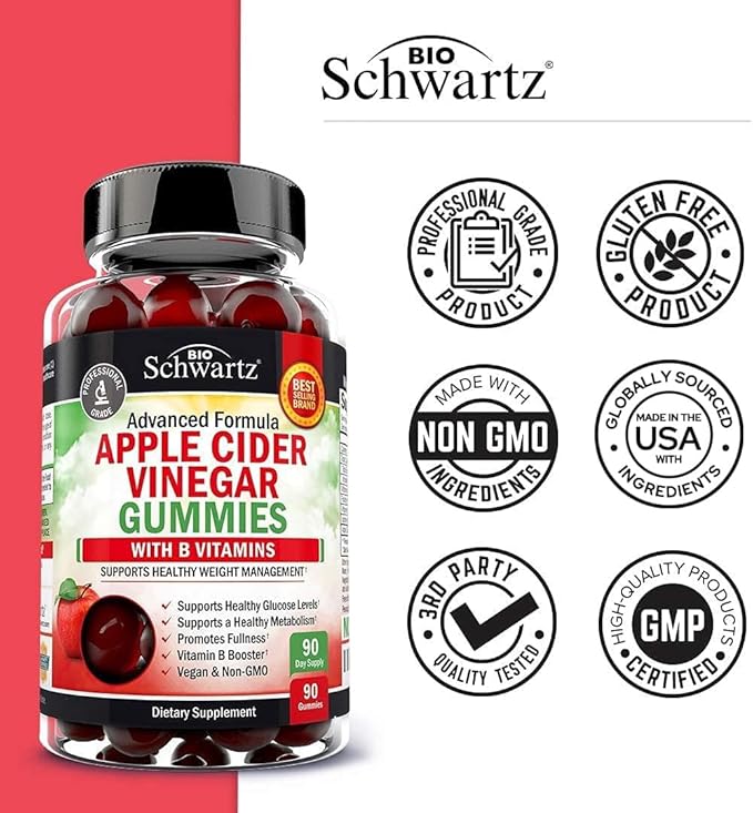 BioSchwartz ACV Apple Cider Vinegar Gummies with B Complex Vitamins (3 Month Supply) Plus Hydrolyzed Collagen Peptide Capsules (45 Day Supply)