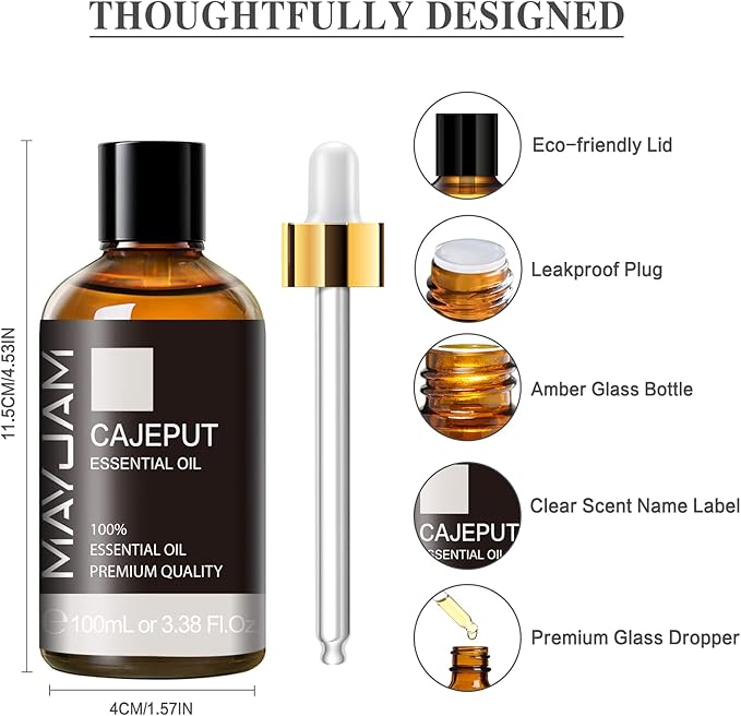 Cajeput Essential Oil, 3.38FL.OZ Pure Essential Oils with Glass Dropper, Large Volume Cajeput Oil, Perfect for Massage, DIY Candle and Soap Making(100ML)