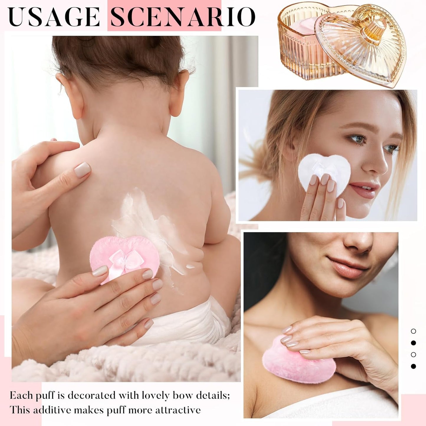 Tioncy 3 Pcs Large Body Powder Puff and Container Powder Container with Puff Crystal Case Soft Washable Reusable Velour Face Body Glitter Wet Dry Makeup(Heart,Amber)