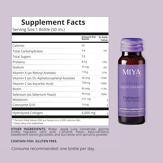 Liquid Collagen with Melatonin | Box with 10 Shots | 6000mg Collagen | Peach Flavor