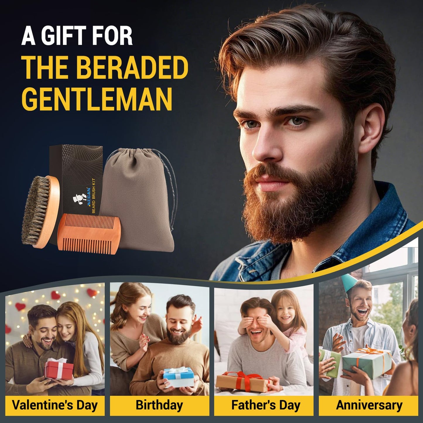 MEGAN Men's Beard Brush and Comb Gift Set - Natural Boar Bristle Brush and Double sided Wooden Beard Comb, Beard Beauty and Styling Care Tool Anti static - Comes with Travel Bag