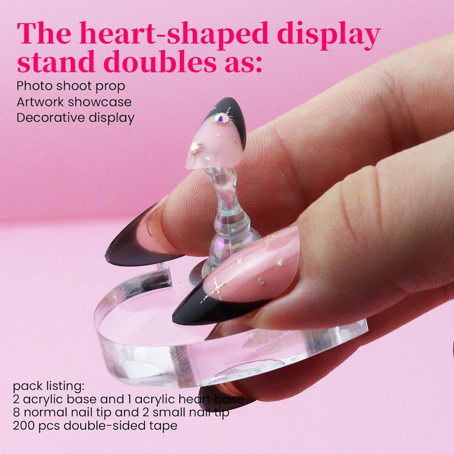 Nail Stand For Press On Acrylic Strong Magnetic Nail Holder Kit For Painting Nails Tip Arts Display With 200PCS Double-Sided Tape And 1 Heart Shaped Acrylic Magnetic Presson Stand Aurora
