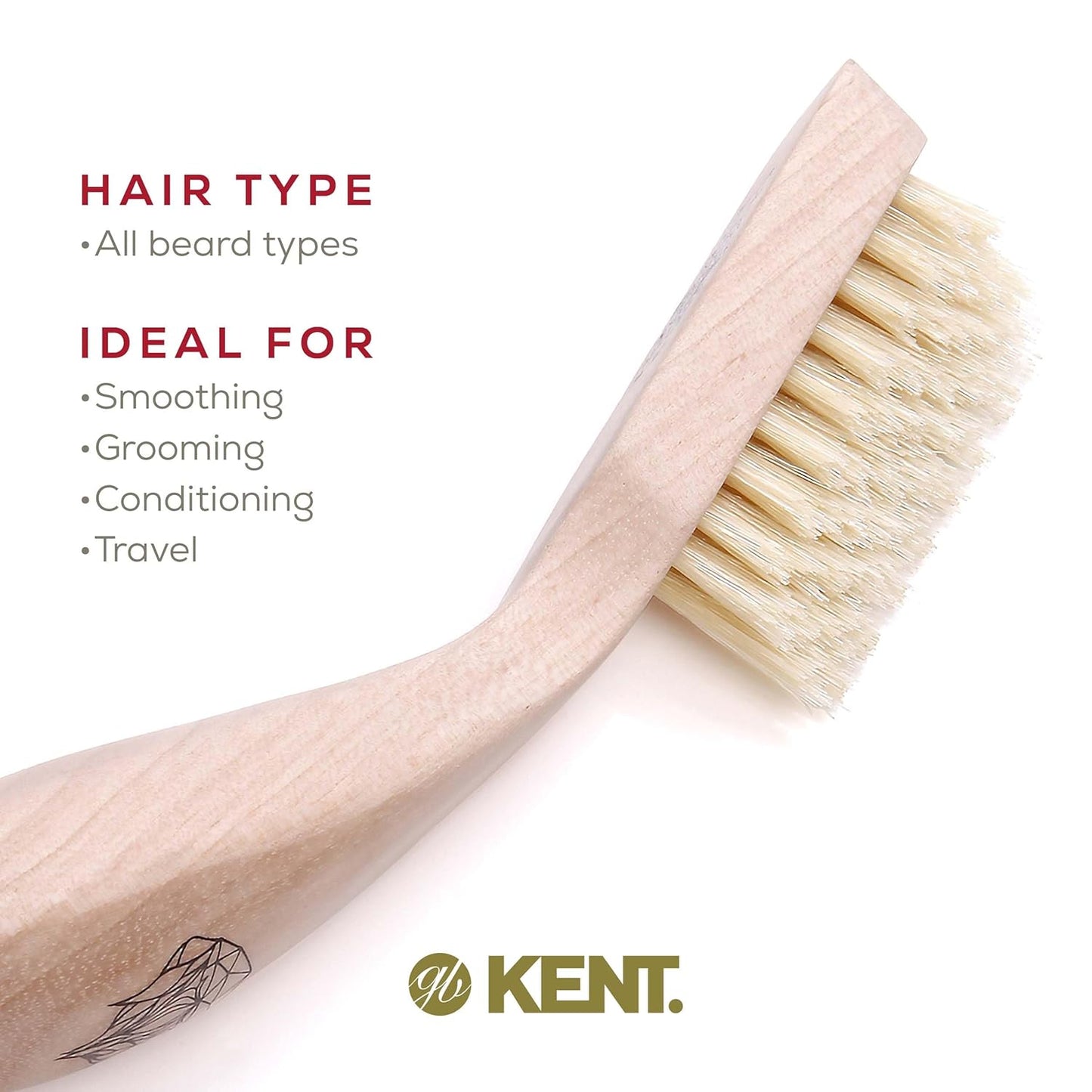 Kent BRD2 Boar Bristle Beard Brush for Men - Specially Cut Natural White Boar Bristle for Flawless Shaping and Grooming, Ergonomic Pistol-Like Grip Wood Handle, Dry or Wet Beard, Distributes Oils