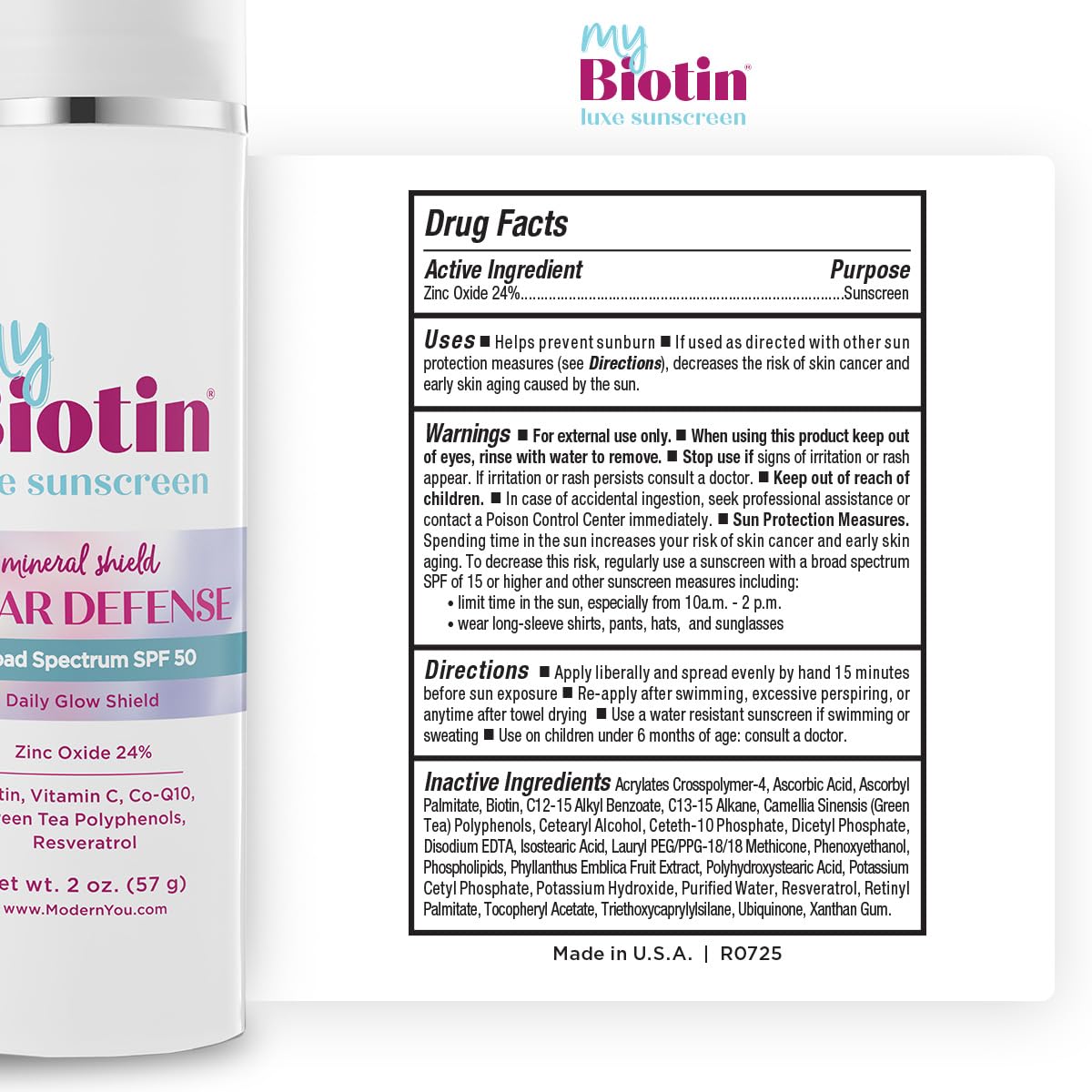 MyBiotin Luxe Sunscreen – Daily Glow Shield, Mineral SPF 50 Face Sunscreen - 24% Zinc Oxide, Biotin, Vitamin C, CoQ10, Polyphenols & Resveratrol – Anti-Aging, Broad Spectrum Sun Protection, 2 oz.