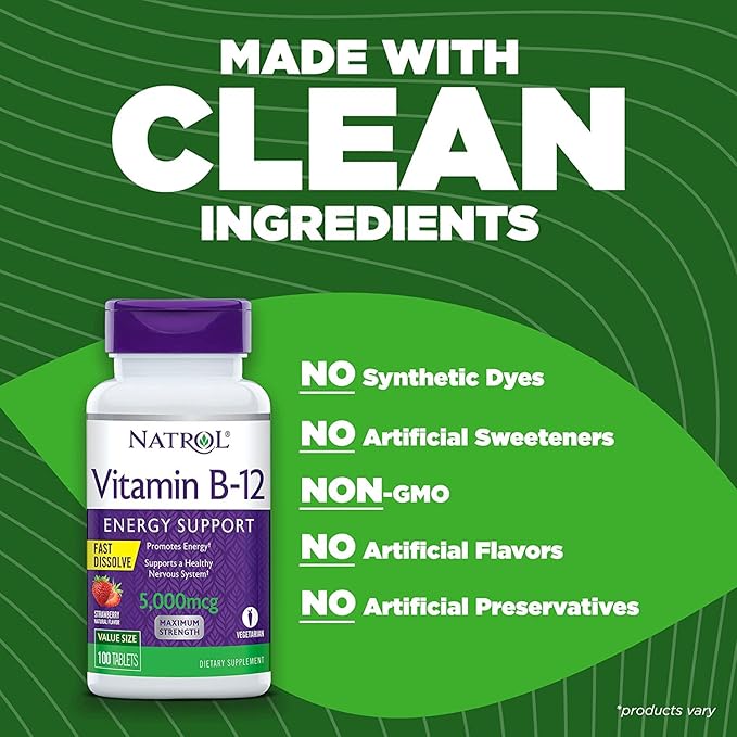 Natrol Vitamin B12 Fast Dissolve Tablets, Promotes Energy, Supports a Healthy Nervous System, Maximum Strength, Strawberry Flavor, 5,000mcg, 100 Count (Pack of 2)