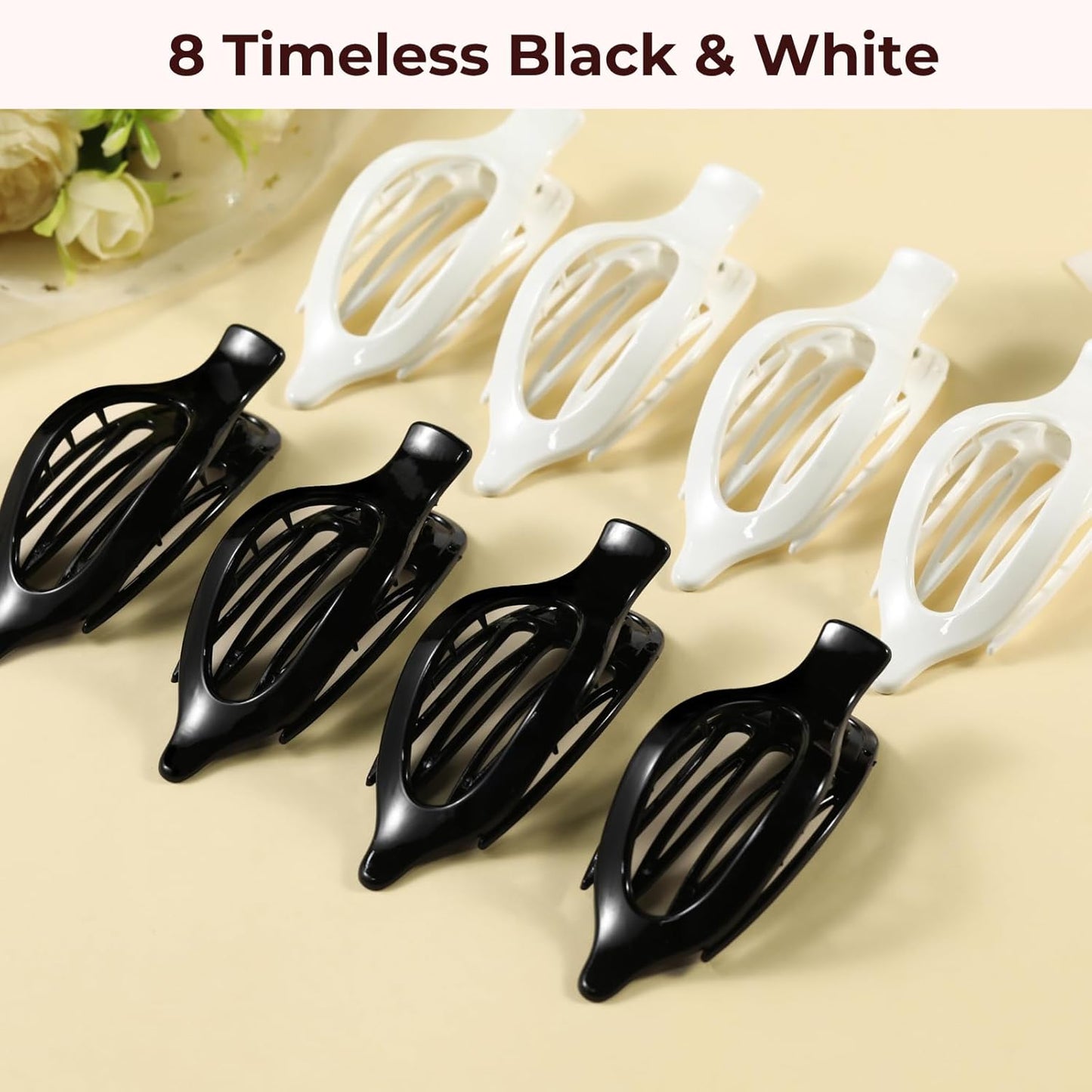 8 Pack Glossy Black and White Flat Hair Clips โ High-Shine Claw Clips for Women, Non-Slip Strong Hold Hair Accessories for Daily Styling, Minimalist Fashion Clips for Work or School