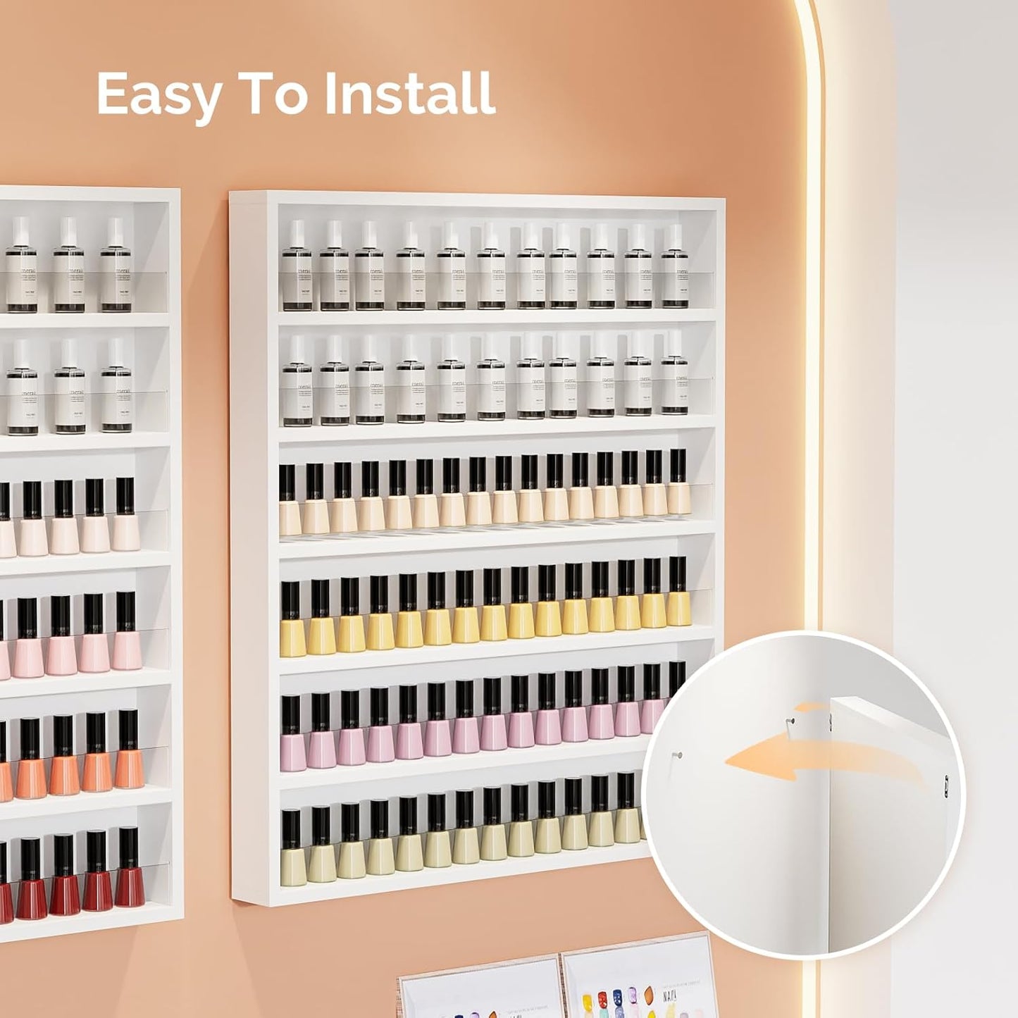 OmySalon 6 Layers Nail Polish Rack, Wall Mount Nail Polish Organizer w/Acrylic Baffle (White)