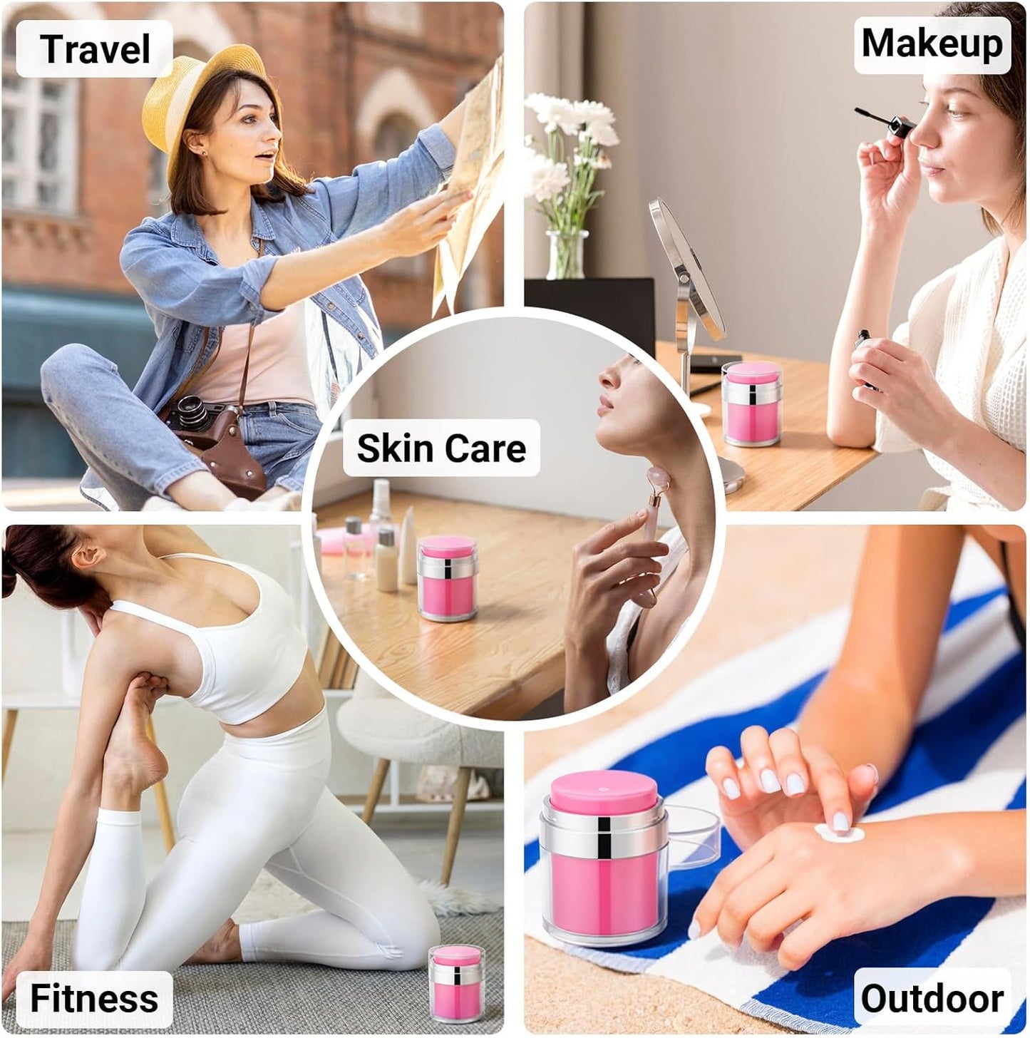 Segbeauty 1.7oz Airless Travel Toiletry Bottles Empty Jar, 3pcs Refillable Pink Lotion Pump Dispenser Bottle Containers, 50ml Small Travel Size Bottles with Pump, Leak Proof Cosmetic Vacuum Cream Jar