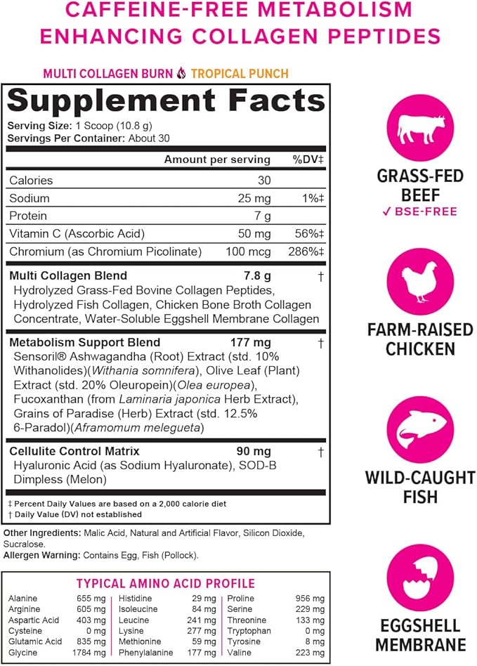 Hydrolyzed Collagen Peptides Powder for Women - Slimming MultiCollagen Burn Ultimate Beauty Complex with Hyaluronic Acid Vitamin C & Types I II III V and X for Women Tropical Punch 30 Servings
