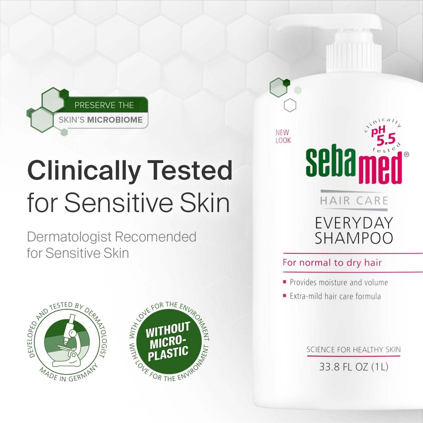 SEBAMED Everyday Shampoo for All Hair Types and Sensitive Scalp Hypoallergenic Dermatologist Recommended pH 5.5 Soap and Alkali Free for Soft and Healthy Hair (1 Liter) Pack of 2