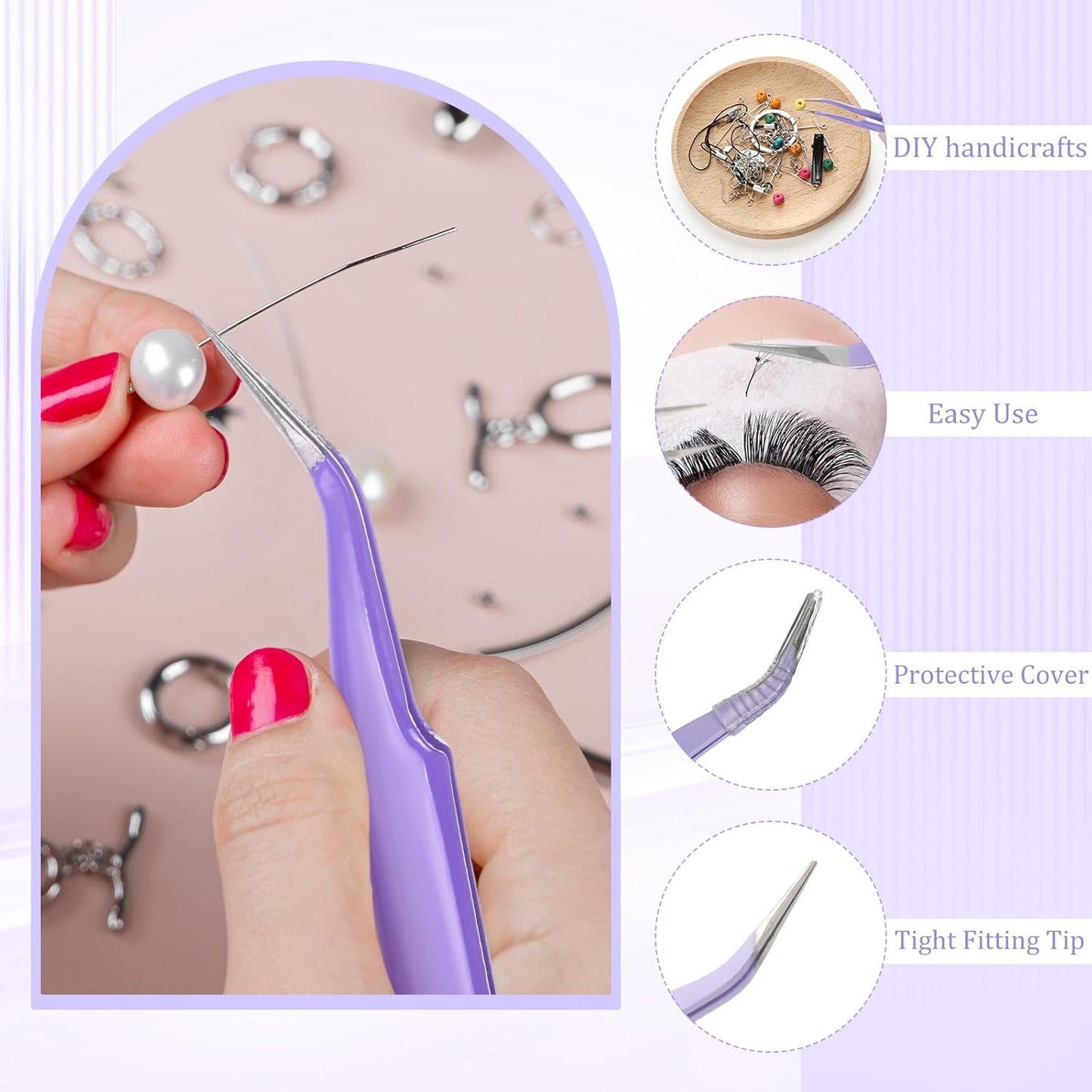 Honoson 9 Pieces Curved Pointed Craft Tweezers Stainless Steel Precision Tweezer with Protective Cover for Rhinestones Dried Flowers Craft Stickers Eyelash Extension Jewelry Making(Purple)