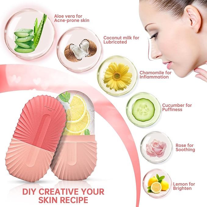 Ice Roller for Face and Eye,Ice Cube Roller Massager for Skin Women Care Tools, Naturally Conditioning De-Puff Eye Bags, Reduce Migraine Pain, Reusable Massage Silicone Ice Mold (Pink)