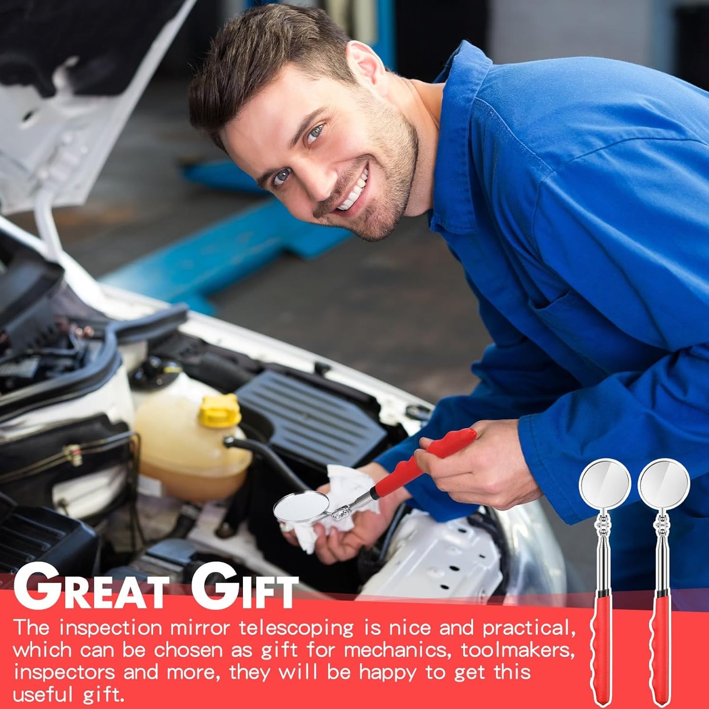 2 Pcs Telescoping Inspection Mirrors, Mechanics Mirror Tool with Long Handle, Round Extendable Mirror on a Stick for Technicians Mechanics Contractors Checking Observation(50mm,Red)