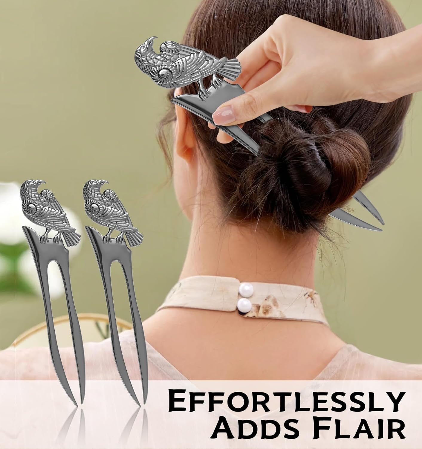 2pcs Metal Gray Raven Forks Styling Pins Black Wicca Witch Hair Stick Slide Renaissance Festival Hair Acceossories for Women 07