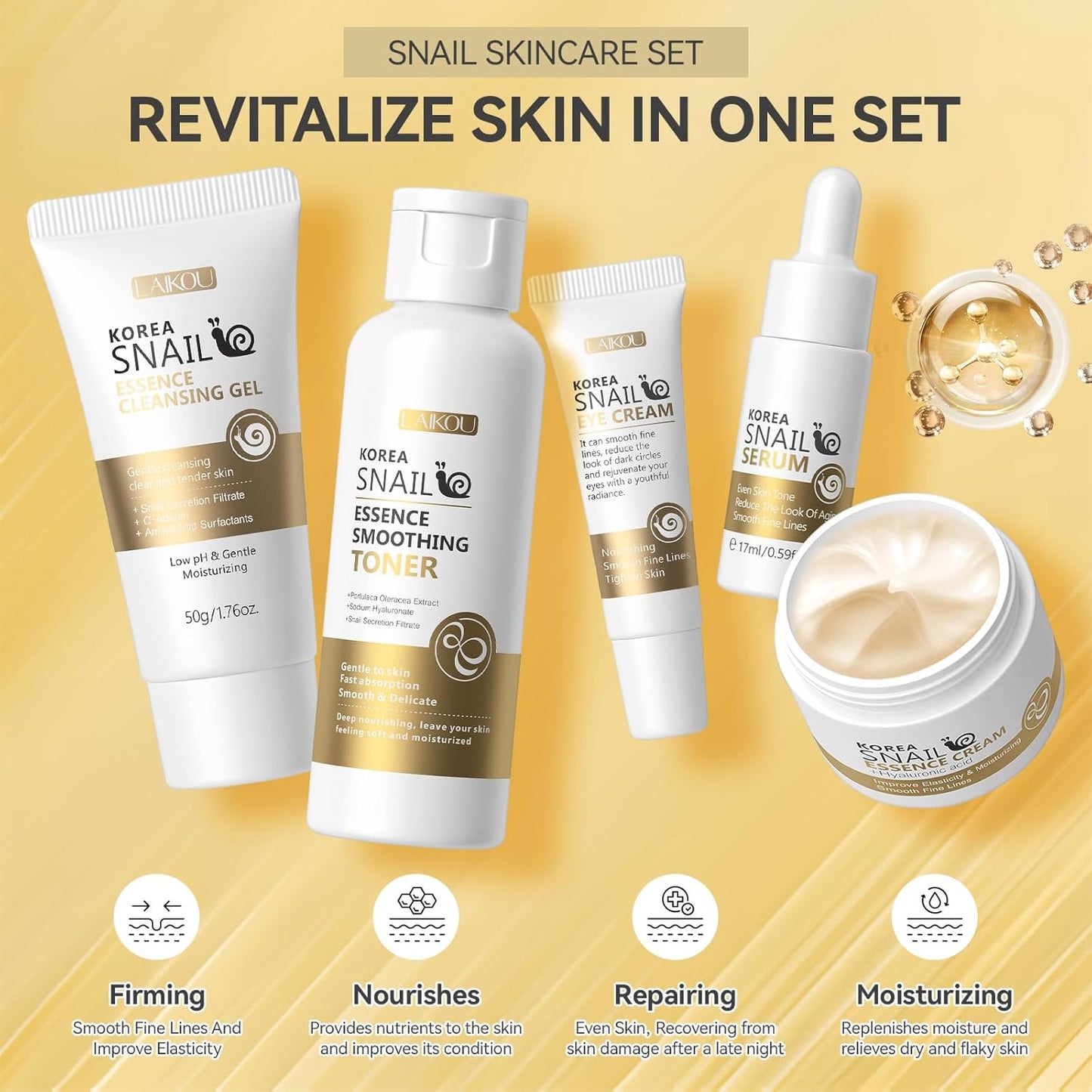 Skin Care Set, Face Snail Revitalizing Skin Care Sets & Kits, Facial Beauty Skincare Gifts for Teenage Girls with Cleanser,Toner,Serum,Eye Cream,Face Cream, Firming Hydrating Skin Care Christmas Gifts