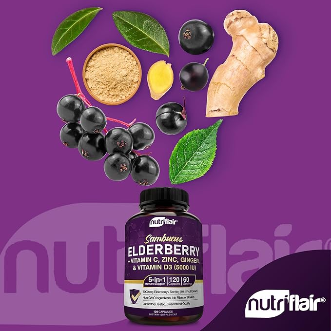 NutriFlair Sambucus Elderberry, 120 Veggie Capsules 5 in 1 Immune D3 5000 5000 IU, 2 Month