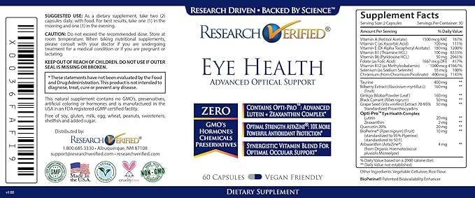 Research Verified Eye Health - Nourish and Protect Eyes and Vision, Support Healthy Retina, Improve Blood Supply to Eyes - Vitamins A, B, C, and E - 60 Capsules - Made in The USA