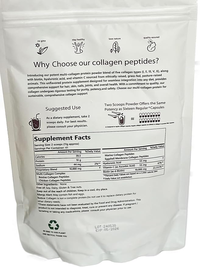 Miracle Multi Collagen Protein Powder, 1 Pound β Types I, II, III, V, X with Biotin, Hyaluronic Acid, Vitamin C β Unflavored Collagen Peptides β Keto & Paleo