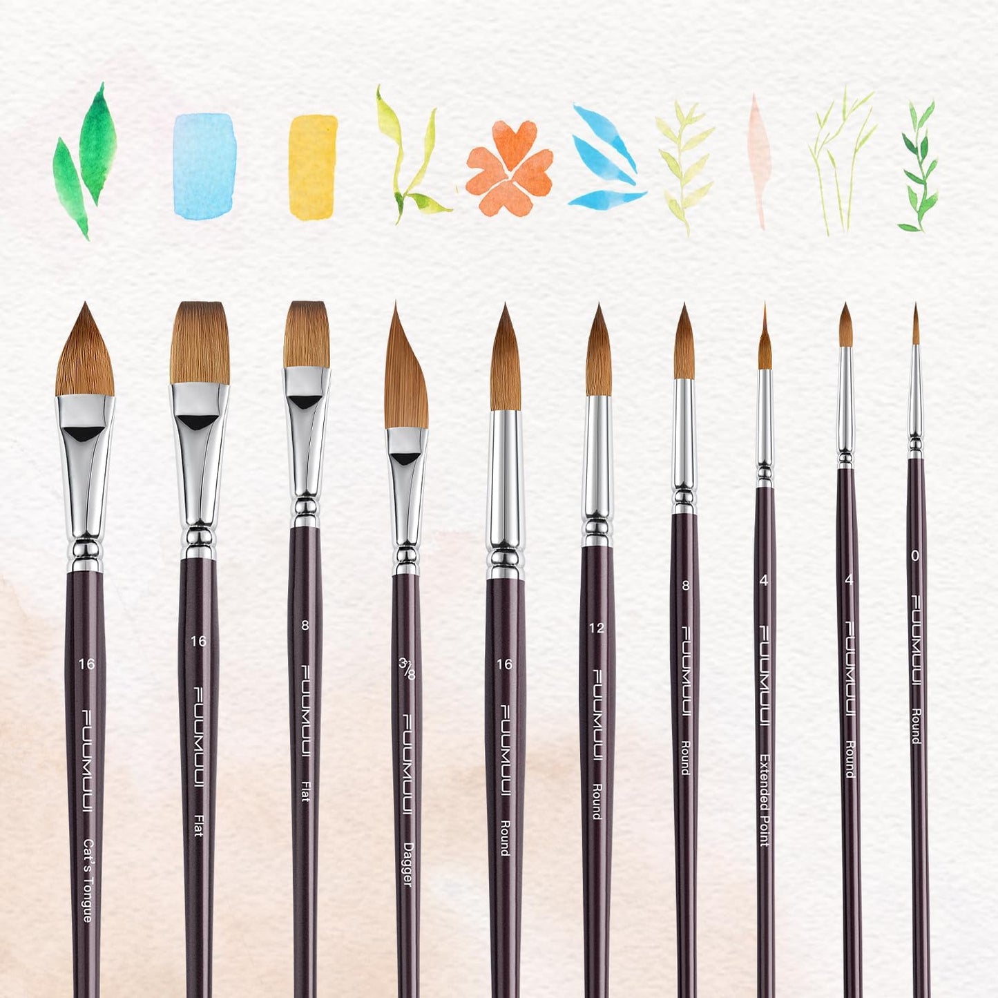 Fuumuui Sable Watercolor Brushes, Professional 10Pcs Sable Paint Brush Set Variety Shapes with Flats, Extended Needle Point, Dagger, Cat's Tongue, Rounds Perfect for Watercolor Acrylic Gouache Inks