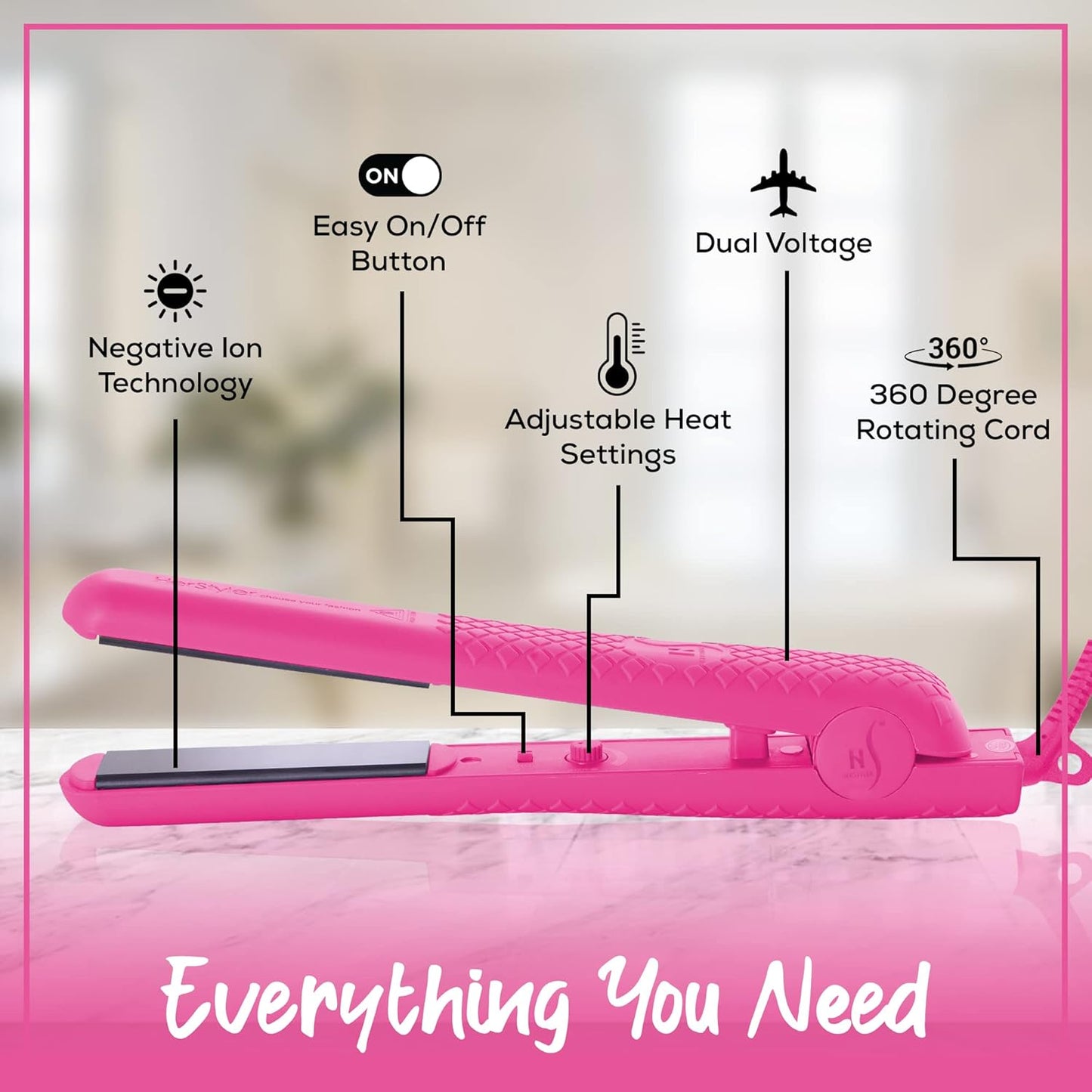 Herstyler Colorful Seasons Flat Iron - Travel Friendly Dual Voltage Flat Iron 1.25 inch - Ceramic Dual Voltage Hair Straightener - Pink Straightening Iron with Negative Ion Technology to Fight Frizz