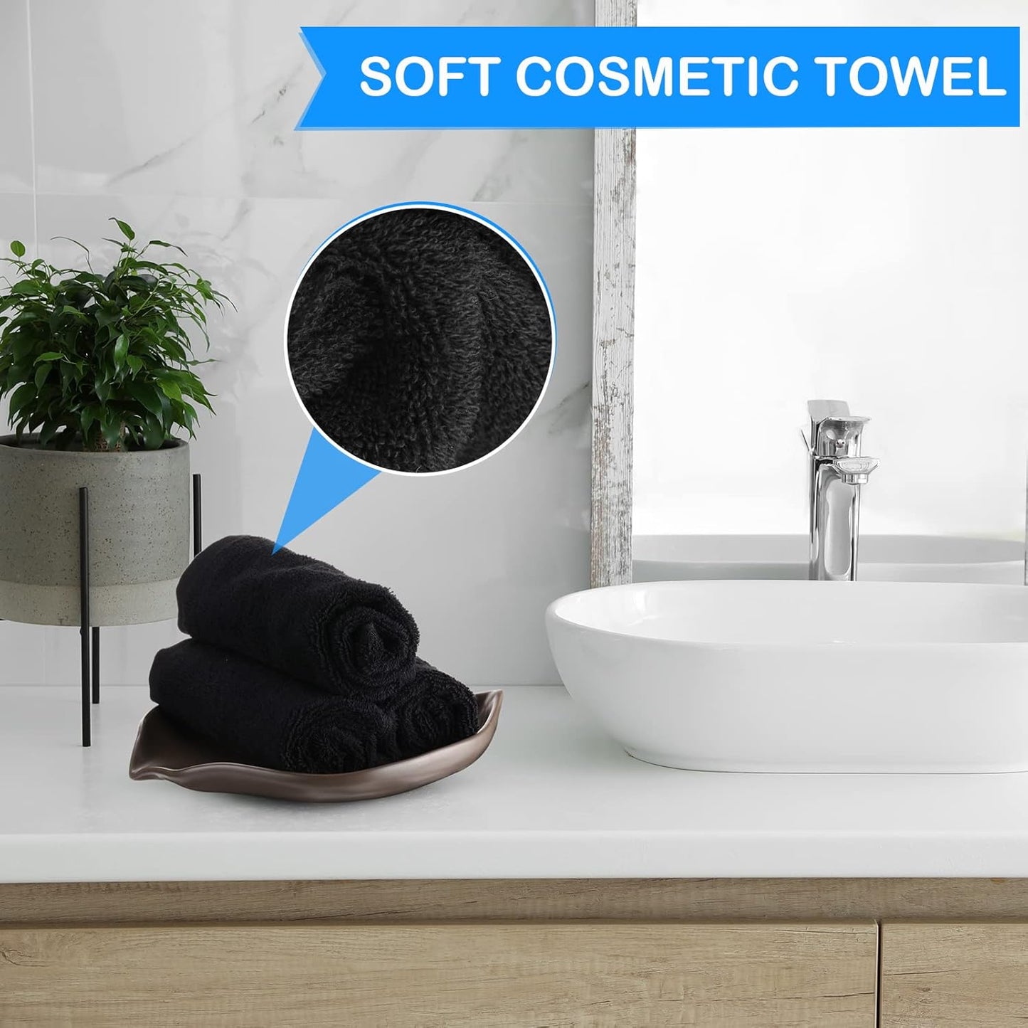 Panelee 13 Inch Makeup Washcloths Black Makeup Towels Cotton Face Wash Cloths Bulk Facial Remover Cleansing Towels Soft Cosmetic Water Absorbent for Women Hand Skin Care(12 Pcs)