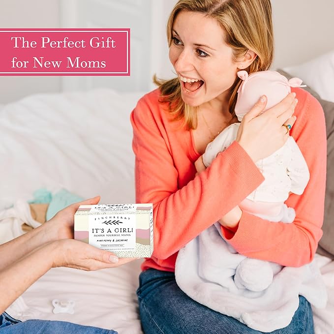 FinchBerry 3-Piece Gift Set - Itโs A Girl! Baby Shower Gift, New Mom Care Package, First-Time Mom Gifts, Baby Girl Gift โ Includes Handmade Shea Butter Soap(4.5oz), Bath Soak (20oz) & Hand Cream (1oz)