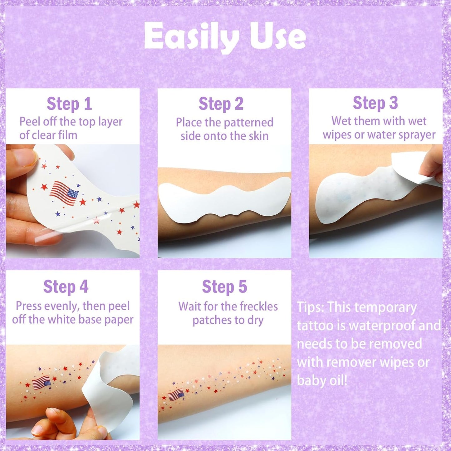 Yosca Glitter Freckles Face Tattoo, 6Pcs Metallic Silver Temporary Tattoos for Body Face Freckle Makeup, Waterproof Glitter Makeup Patches for Festival Concert Party Girl Women Rave Accessories