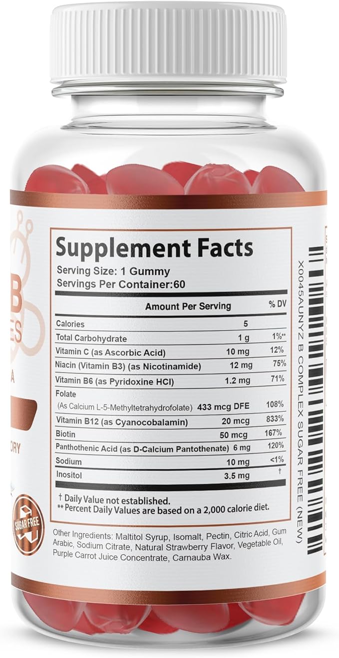 O NUTRITIONS Vitamin B Complex Vegan Gummies with Vitamin B12, B7 as Biotin, B6, B3 as Niacin, B5, B6, B8, B9 as Folate for Stress, Energy and Healthy Immune System (1 Pack -Sugar Free)