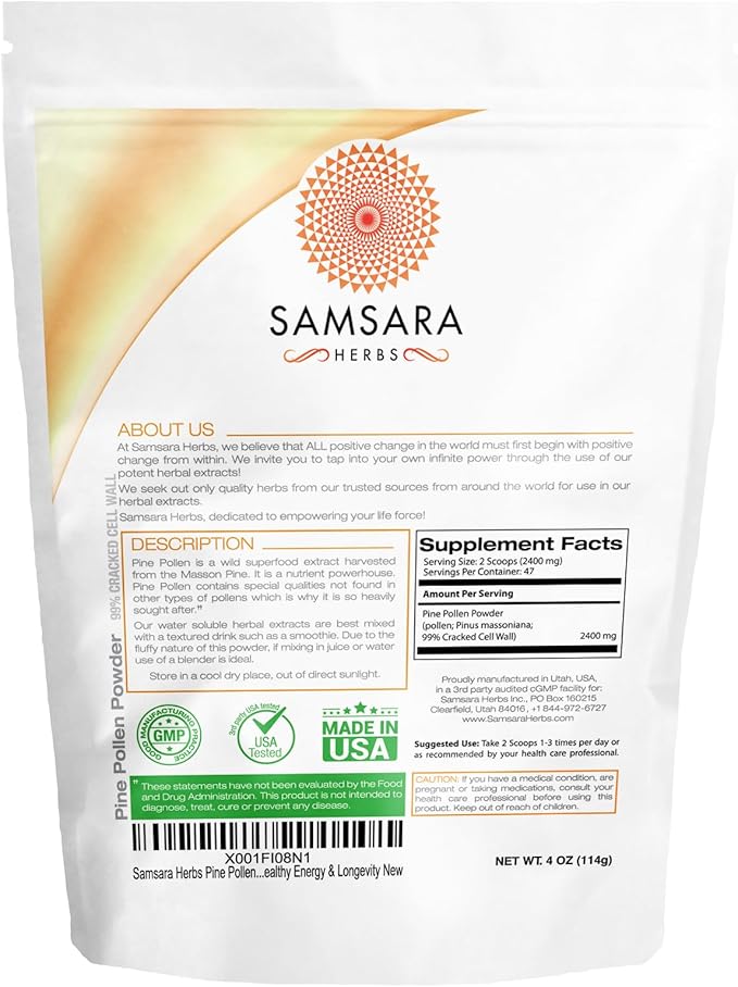 Pine Pollen Powder Wild Harvested - 99% Cracked Cell Wall (4oz/114g) Supports Healthy Energy & Longevity