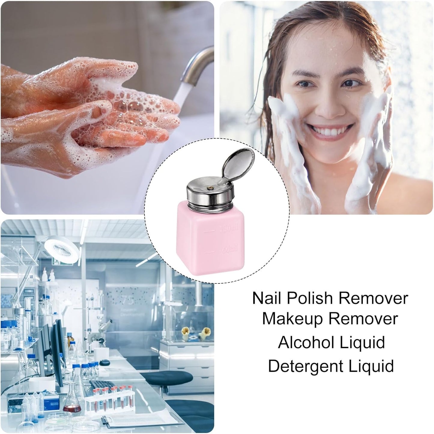 HARFINGTON 4PCS 120ML(4oz) Push Down Alcohol Dispenser Pump Liquid Press Empty Bottles Refillable Container for Acetone Cleanser Nail Polish Remover, Pink